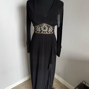 Sue Wong Elegant Black Long Sleeve Evening Dress with Ornate Waist